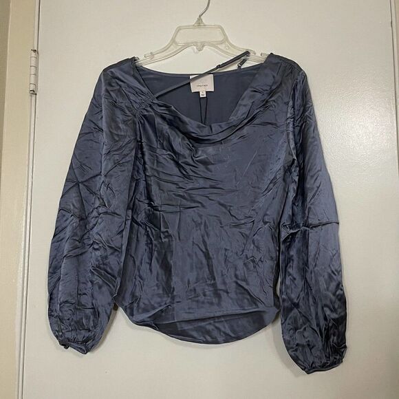 NWT! Cinq à Sept "Jordy" luxe Silk Cowl blouse Blue Shadow crossover strap Small - Picture 2 of 8